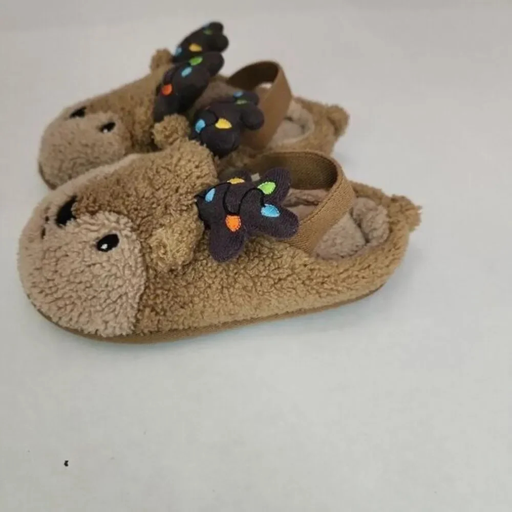 Kids‎ Slippers Kids Size M 7/8 Brown Animal Face Plush Texture Cozy Warm Toddler